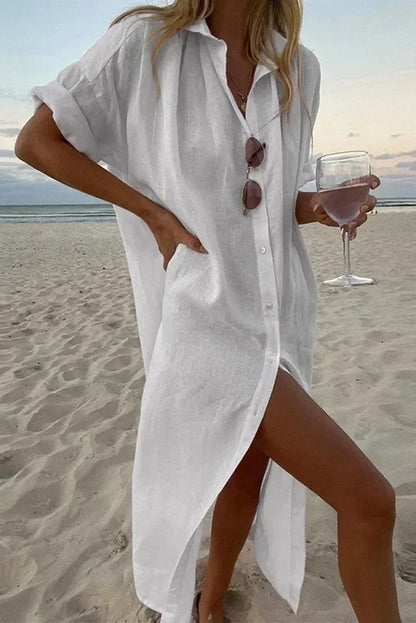 Capri White Linen Collared Dress