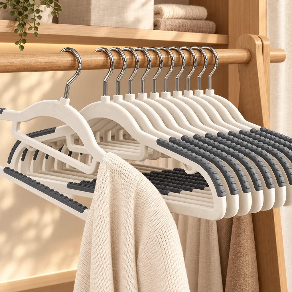 Cintres plastique antidérapants Coreji — coloris gris en situation