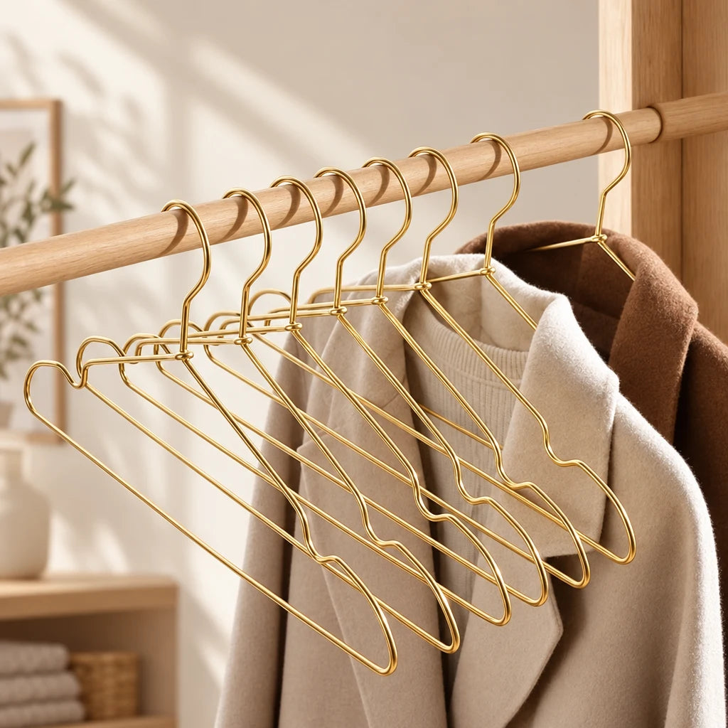 Cintres métal premium Coreji dorés avec encoches — utilisation dans le dressing