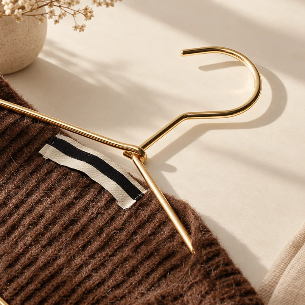 Cintre métal premium Coreji doré lisse — détail avec vêtement