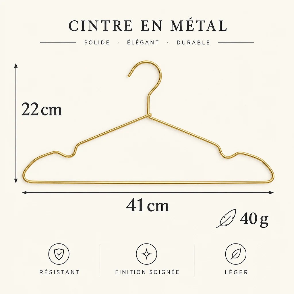 Cintre métal premium Coreji — dimensions 41 × 22 cm et poids 40 g