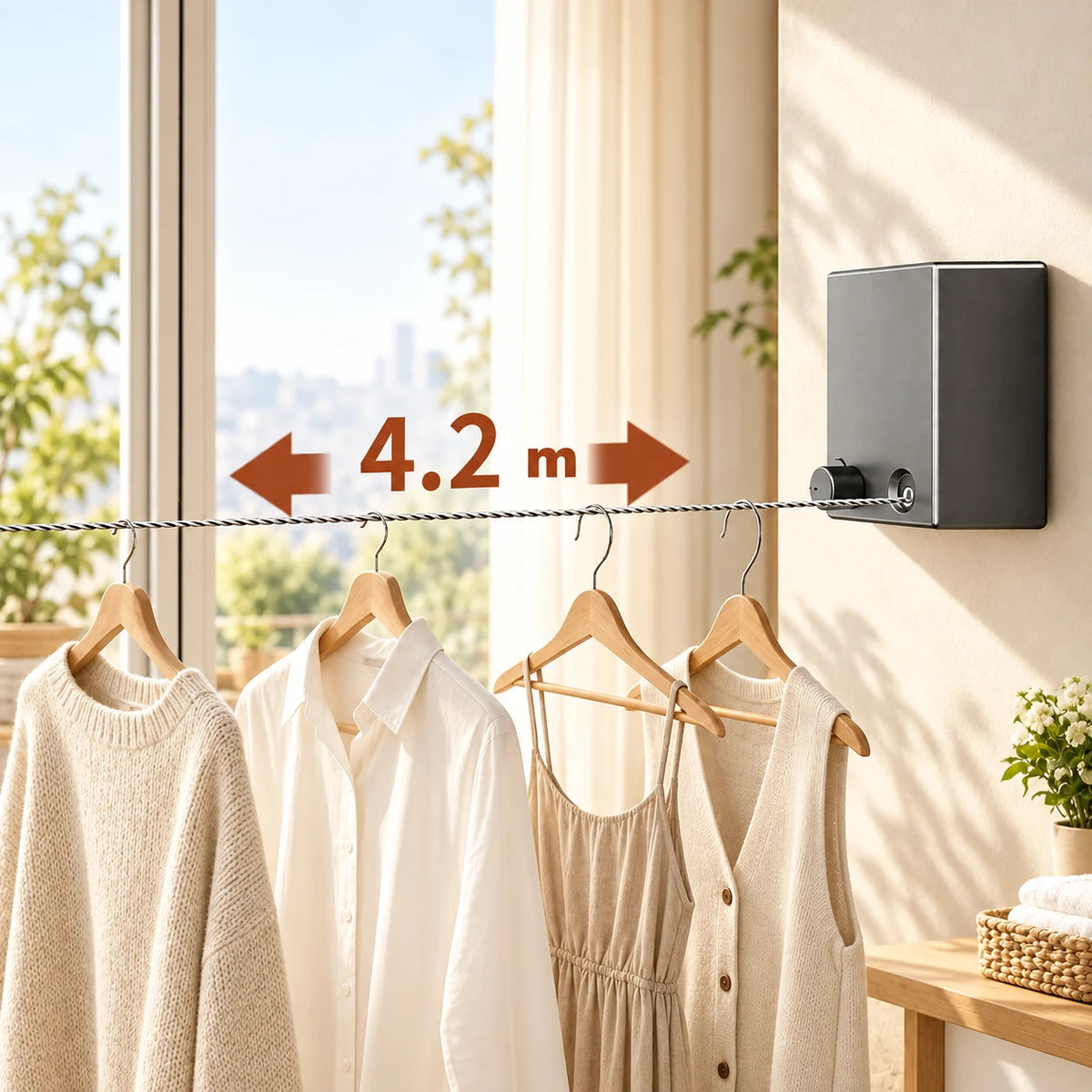 Corde à linge rétractable en acier inoxydable Coreji — utilisation jusqu’à 4,2 m