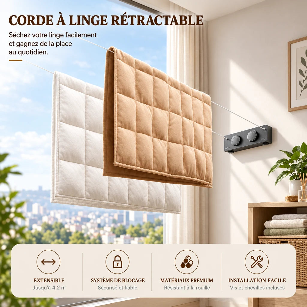 Corde à linge rétractable double Coreji — utilisation intérieure avec deux lignes