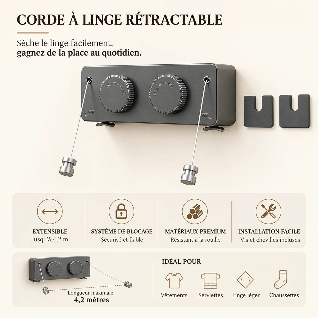 Corde à linge rétractable double Coreji — caractéristiques du produit