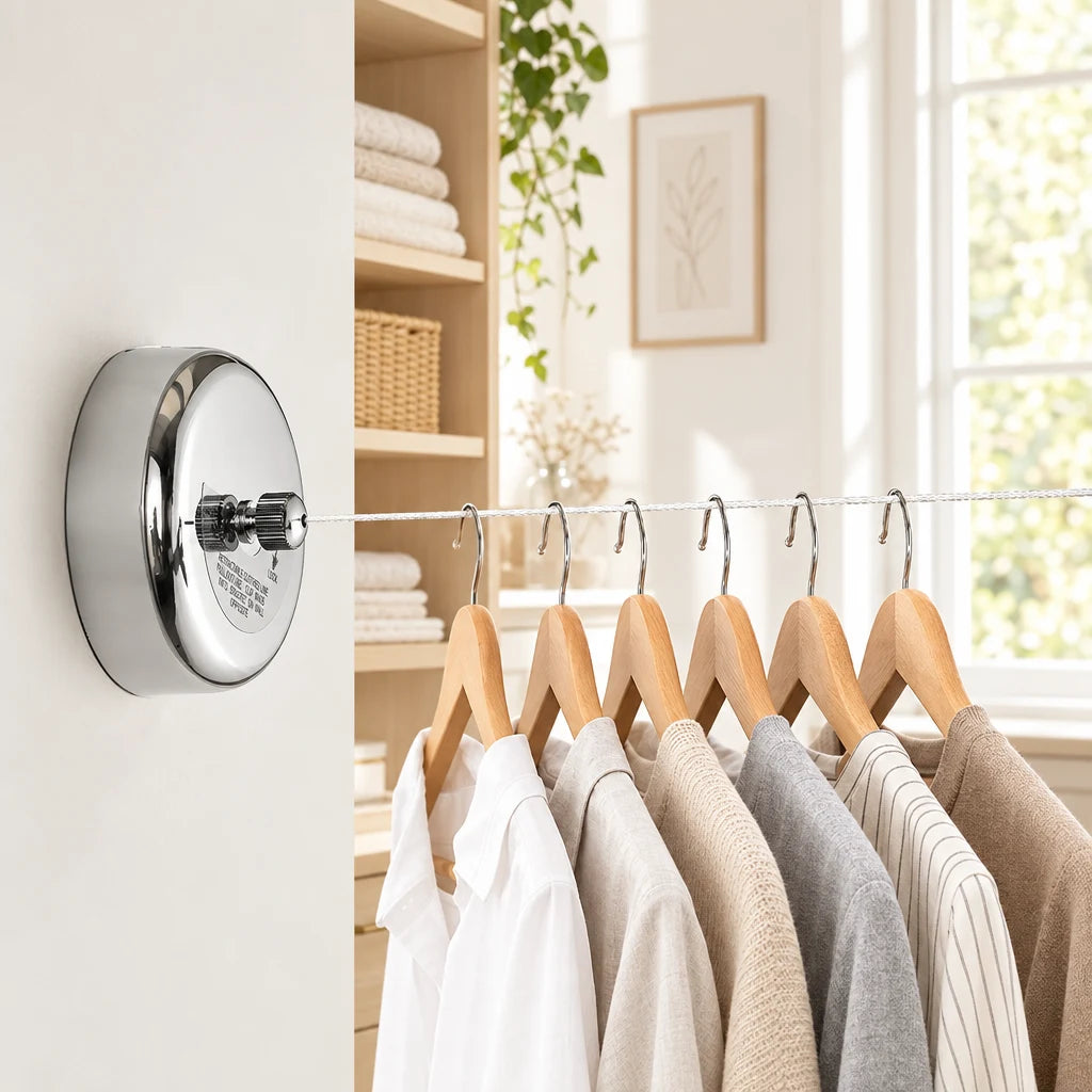 Corde à linge rétractable Coreji en inox 304 — utilisation avec vêtements