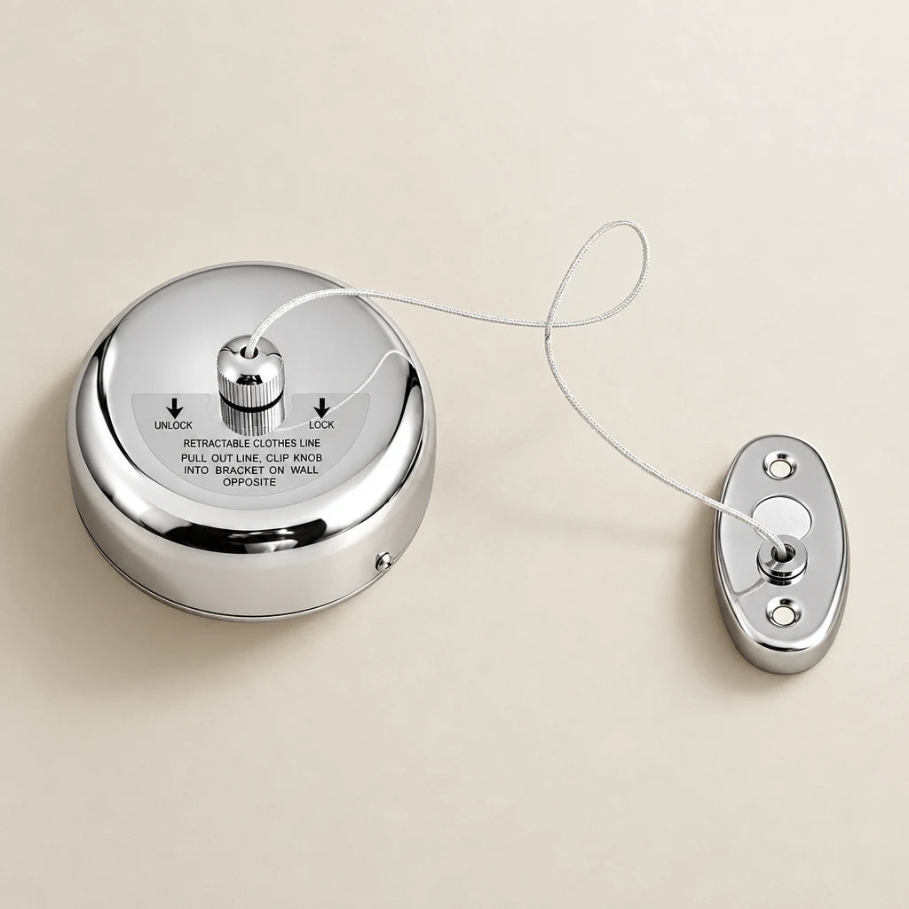 Corde à linge rétractable Coreji en inox 304 — détail du mécanisme et du support