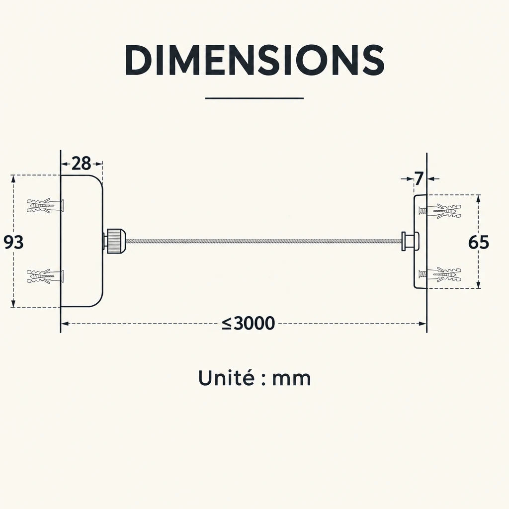 Corde à linge rétractable Coreji en inox 304 — dimensions et longueur du câble