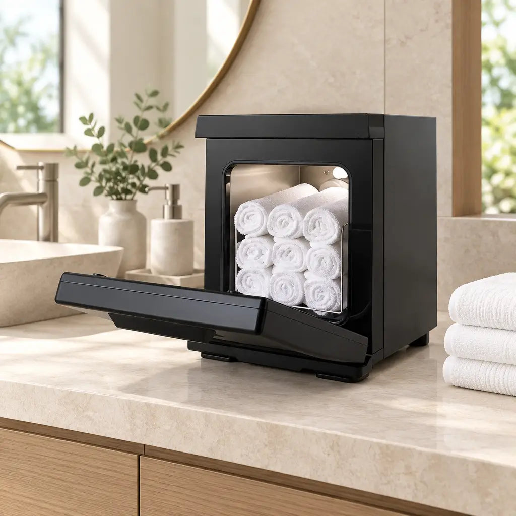 Chauffe-serviettes compact Coreji sur meuble de salle de bain