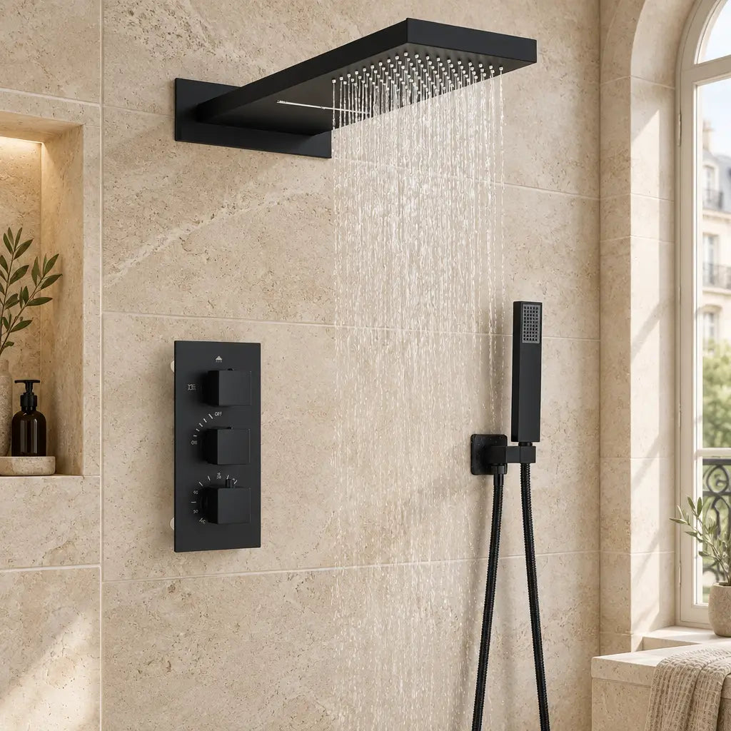 Ensemble de douche thermostatique Coreji installé dans une salle de bain
