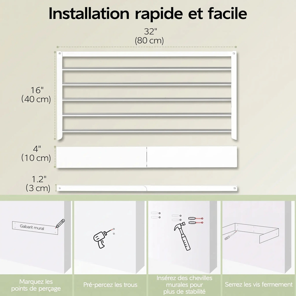 Dimensions de l’étendoir mural rabattable Coreji 80 cm