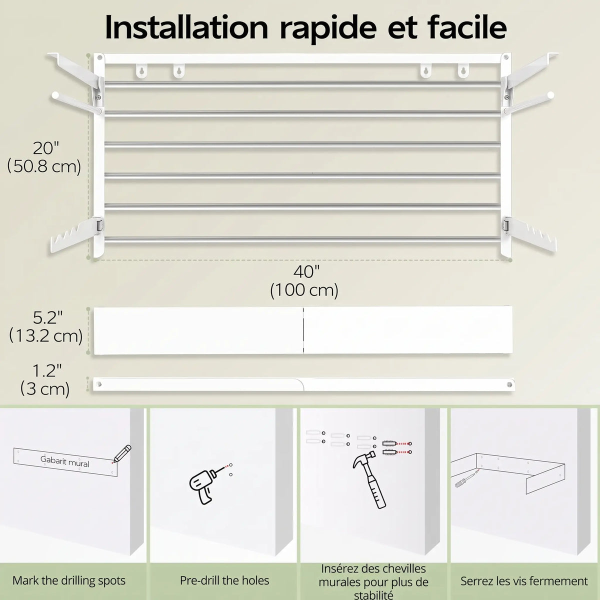 Dimensions de l’étendoir mural rabattable Coreji 100 cm