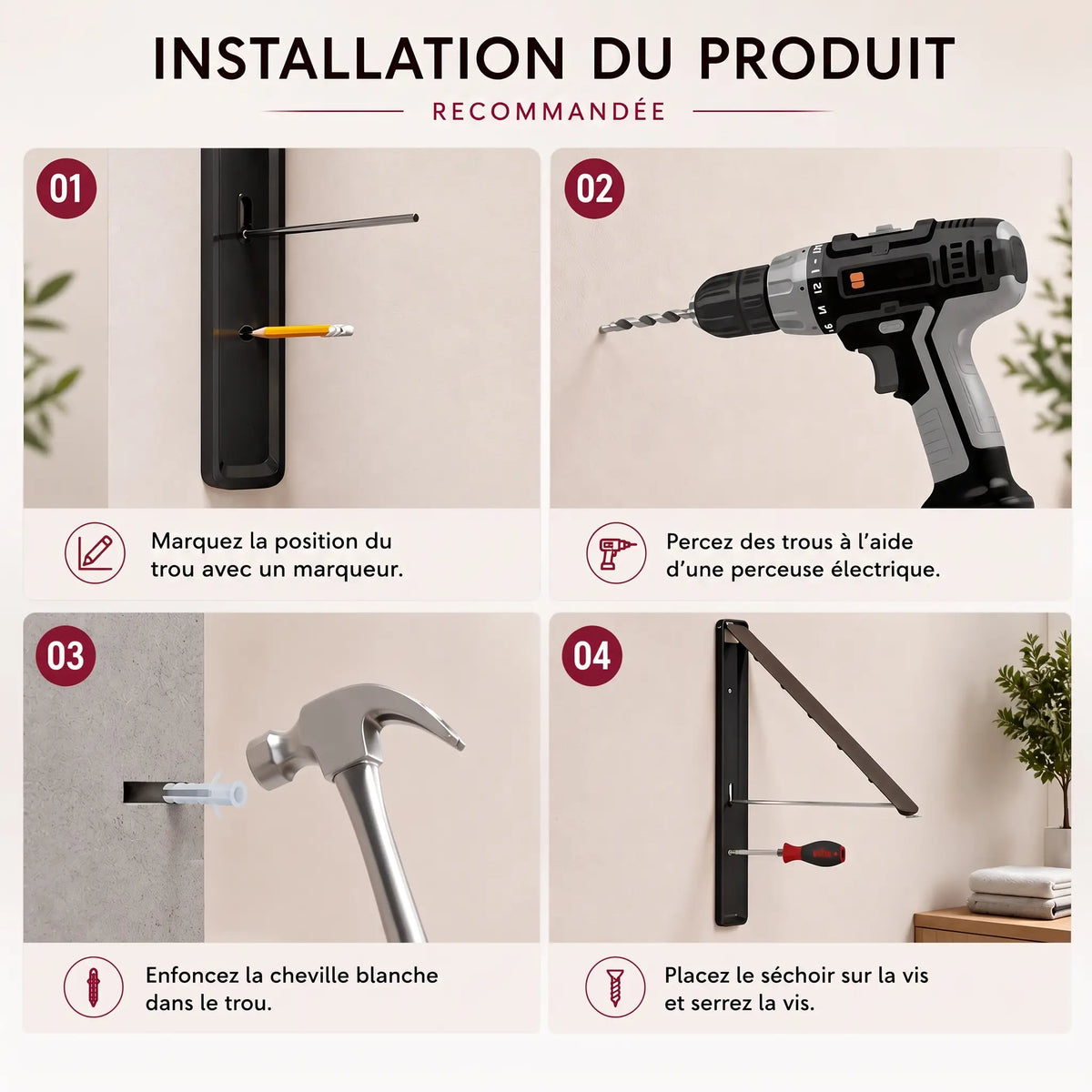 Détail de fixation de l’étendoir mural rétractable Coreji