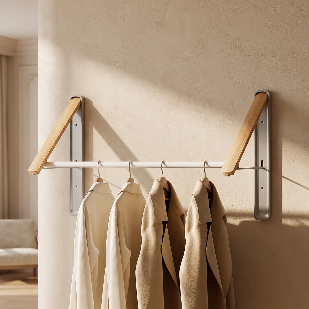 Étendoir mural rétractable Coreji 40 cm bois gris