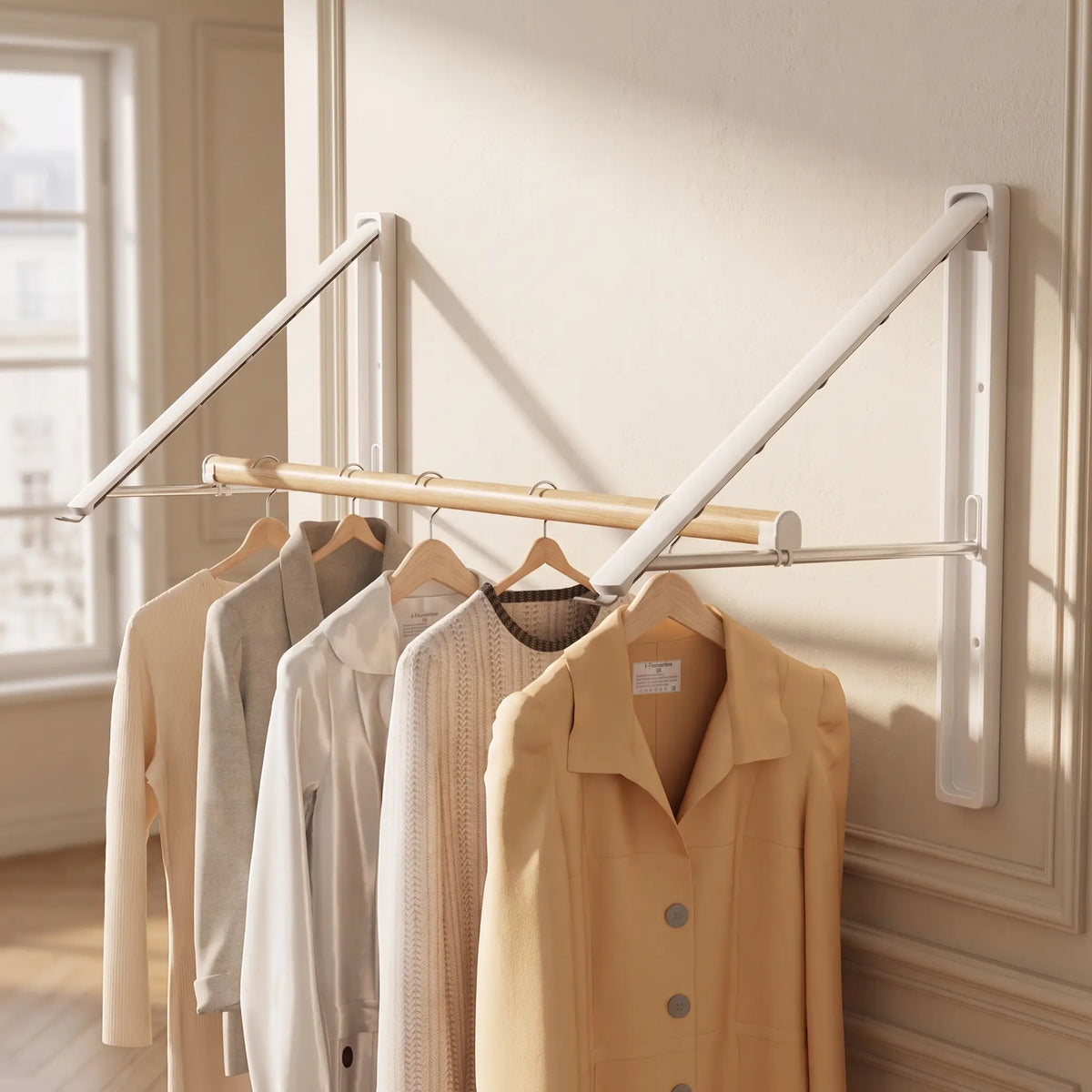 Étendoir mural rétractable Coreji 80 cm bois clair blanc