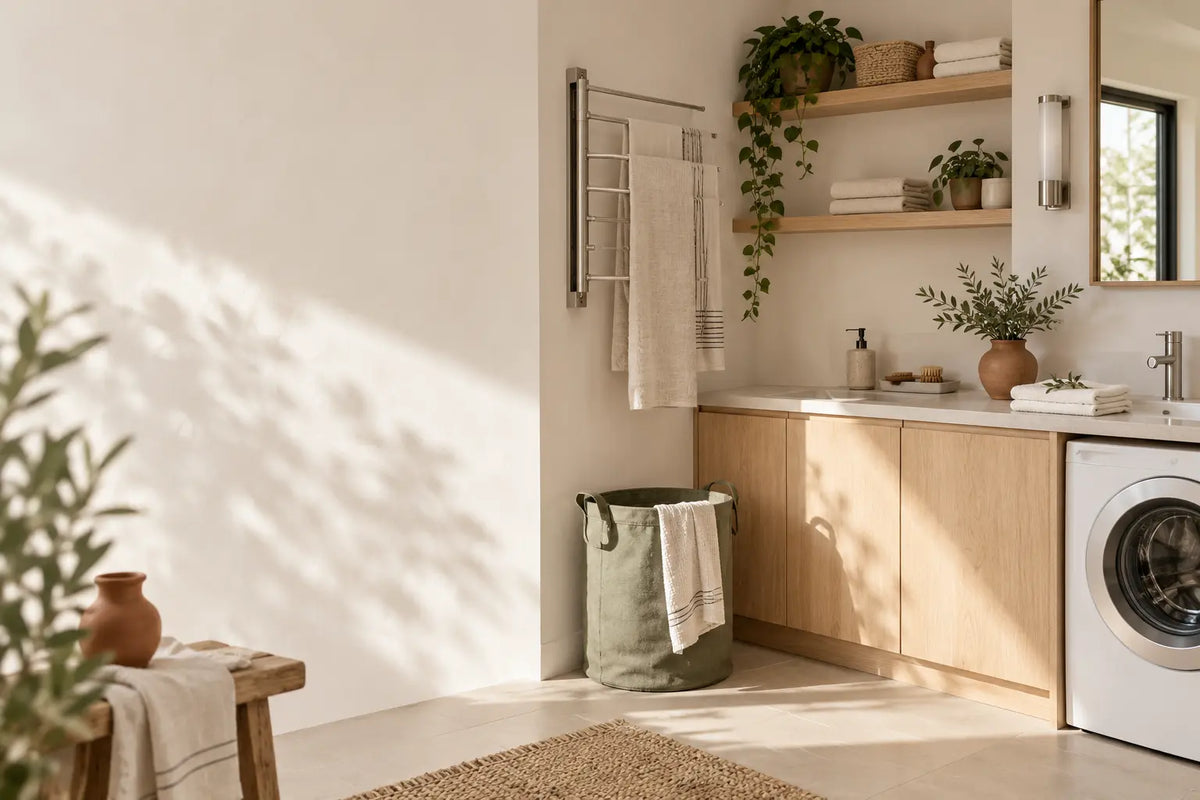 Coreji — espace buanderie et salle de bain lumineux avec rangement mural