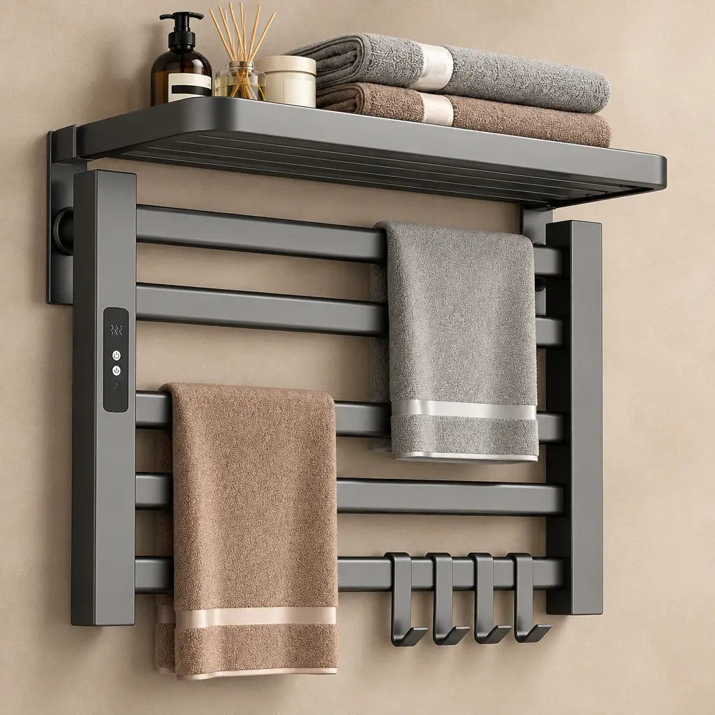 Détail des barres et de la tablette du sèche-serviettes aluminium Coreji