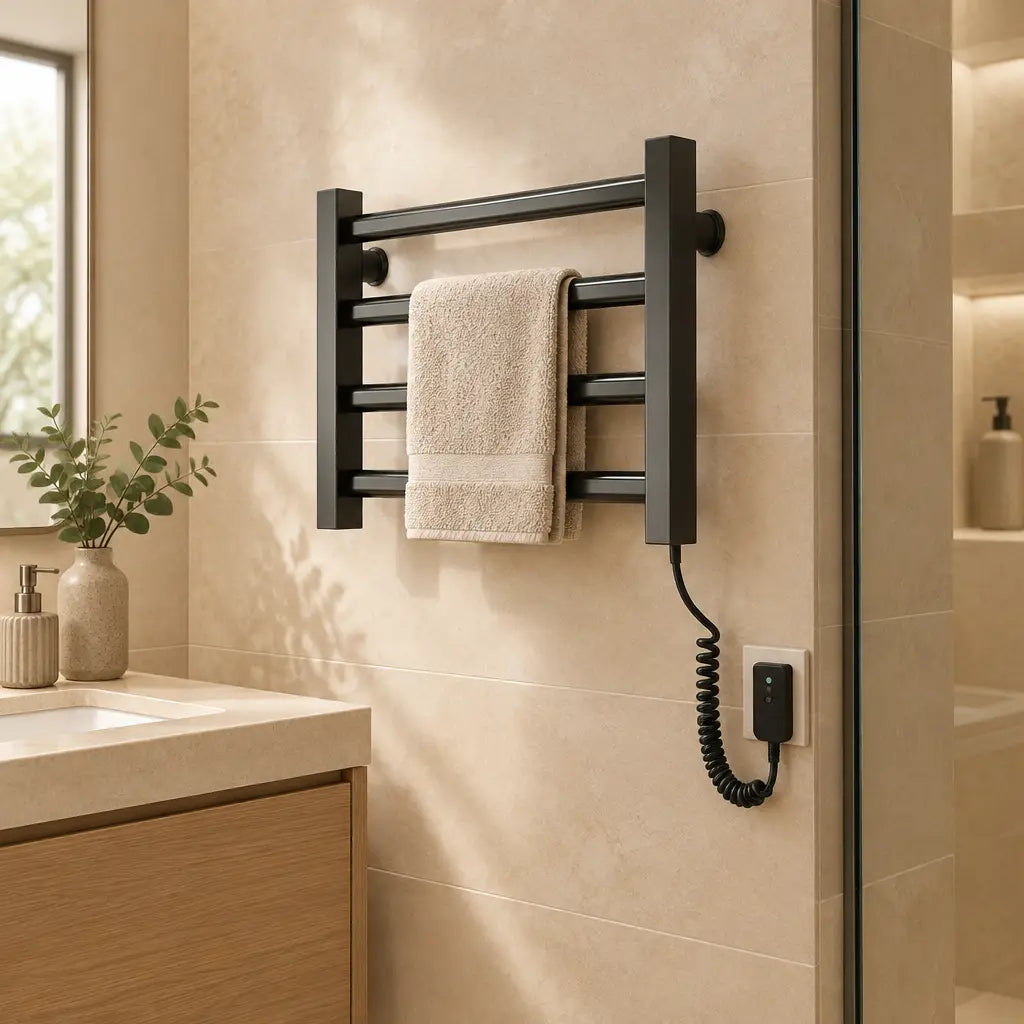 Sèche-serviettes compact Coreji installé dans une petite salle de bain