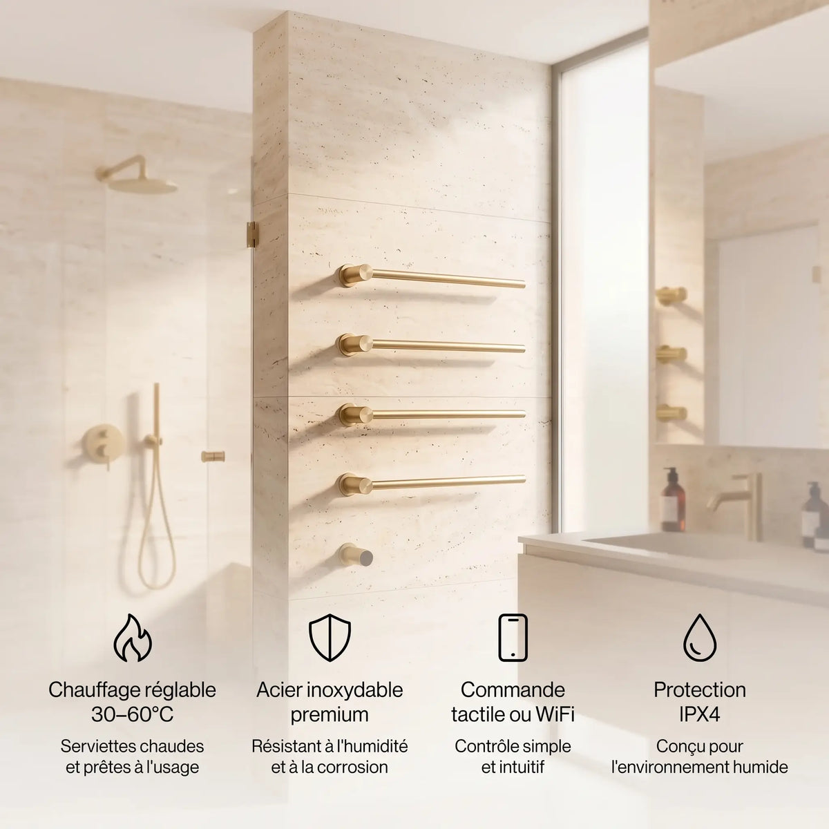 Avantages du sèche-serviettes encastrable Coreji en inox 304 avec commande Wi-Fi