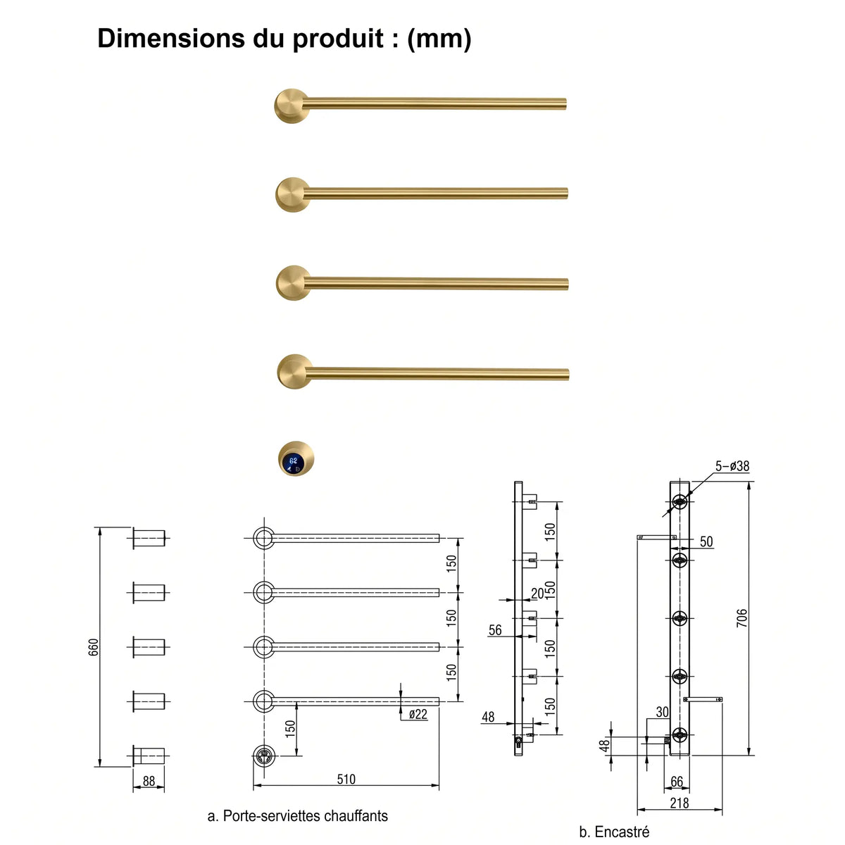 Dimensions du sèche-serviettes encastrable Coreji