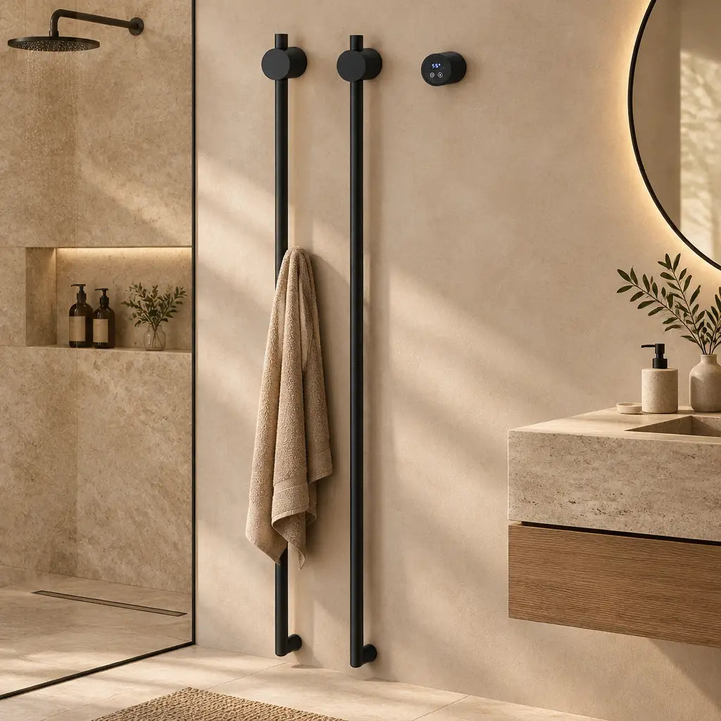 Sèche-serviettes vertical double Coreji dans une salle de bain – version B