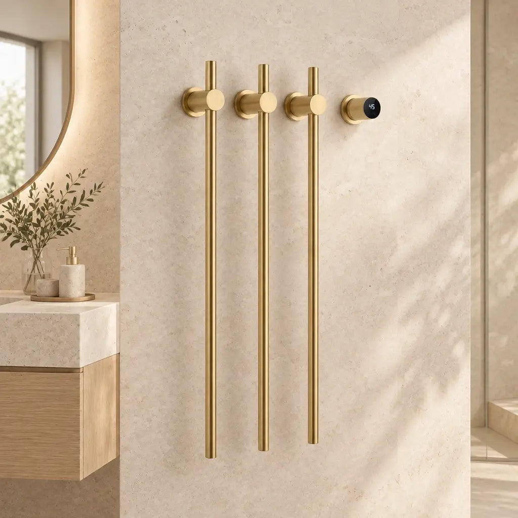 Sèche-serviettes vertical Coreji STÈLE or brossé dans une salle de bain