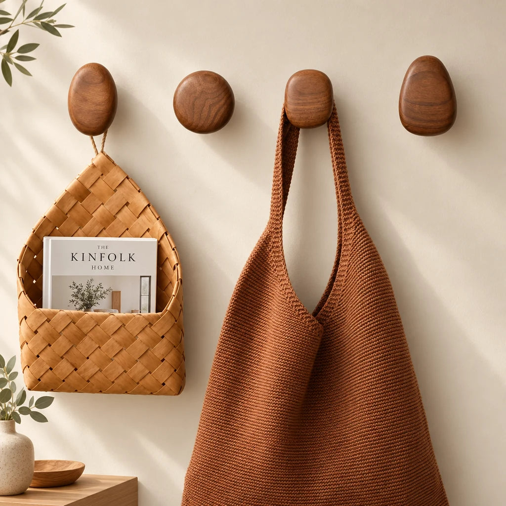 Crochets muraux Coreji en bois noyer — entrée scandinave