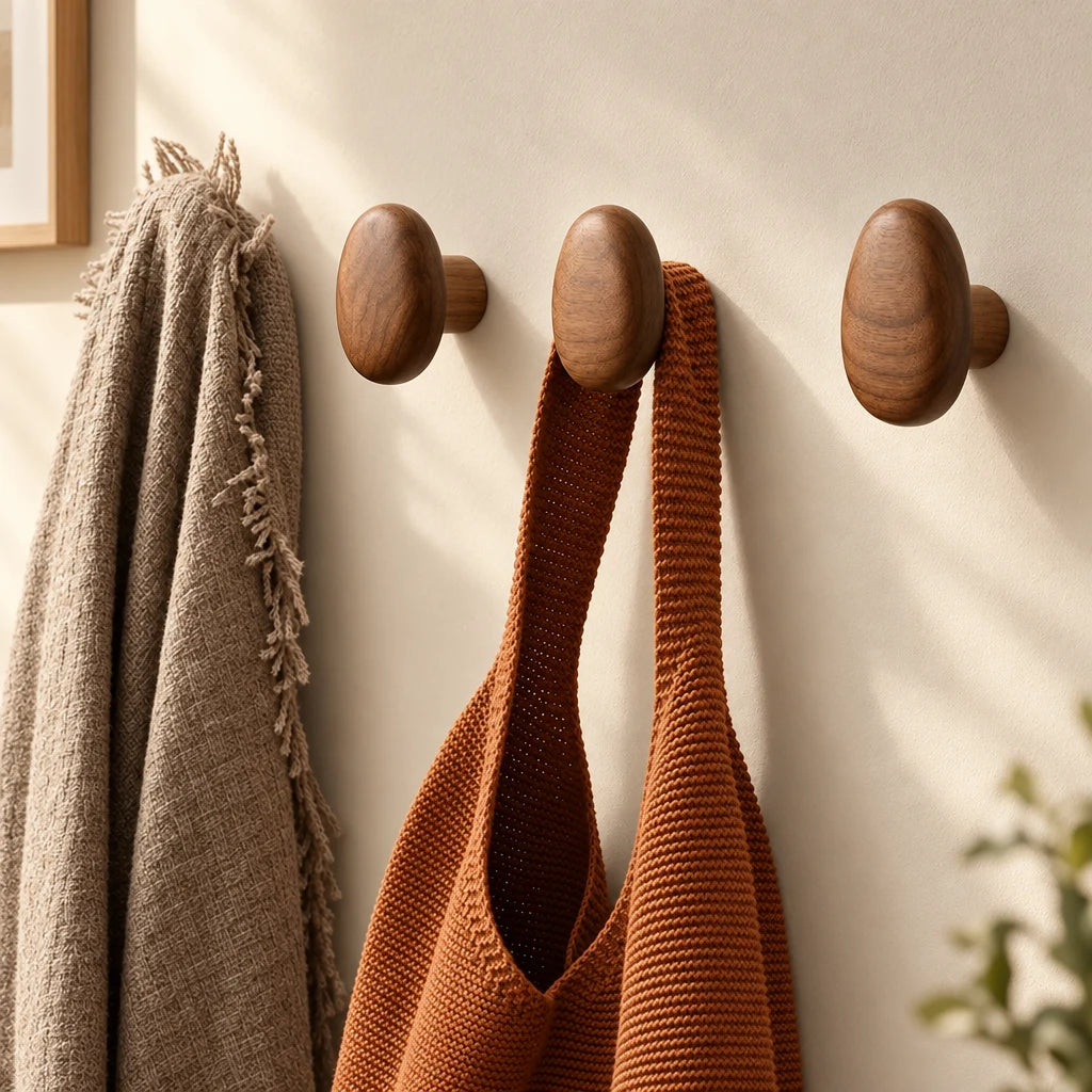 Crochets muraux Coreji en bois noyer — utilisation avec sac et textile