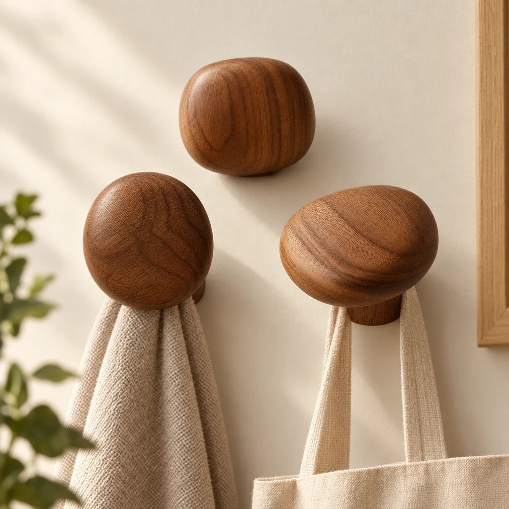 Crochets muraux Coreji en bois noyer — détail du bois massif
