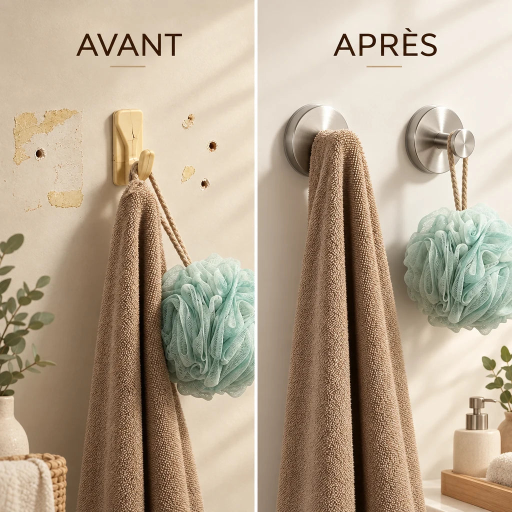 Crochets ventouse Coreji sans perçage — avant et après