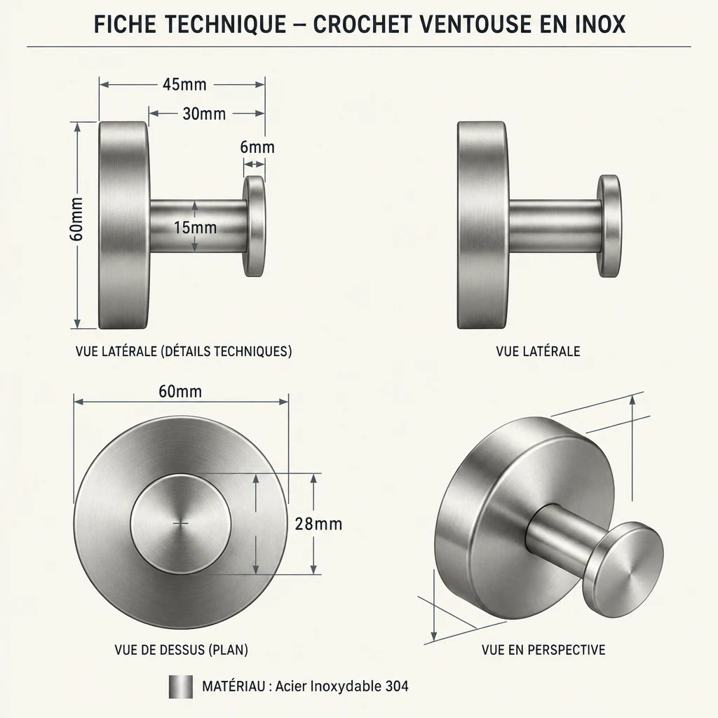 Crochet ventouse Coreji en inox 304 — fiche technique et dimensions
