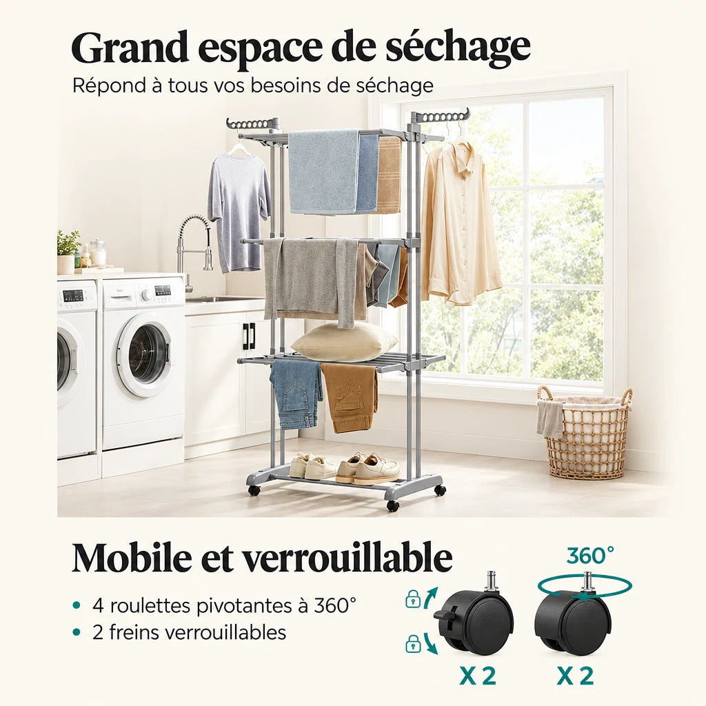Étendoir tour Coreji — grand espace de séchage et roulettes