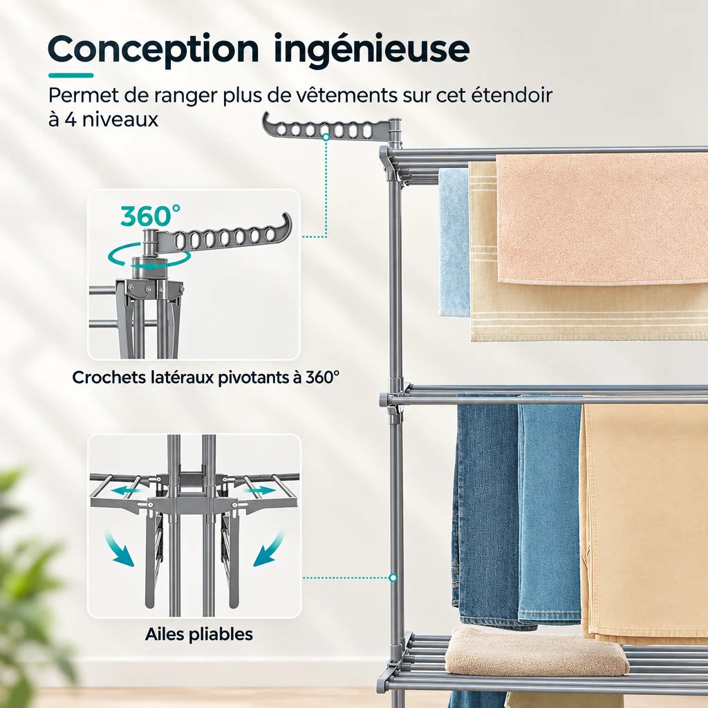 Étendoir tour Coreji — ailes pliables et crochets pivotants
