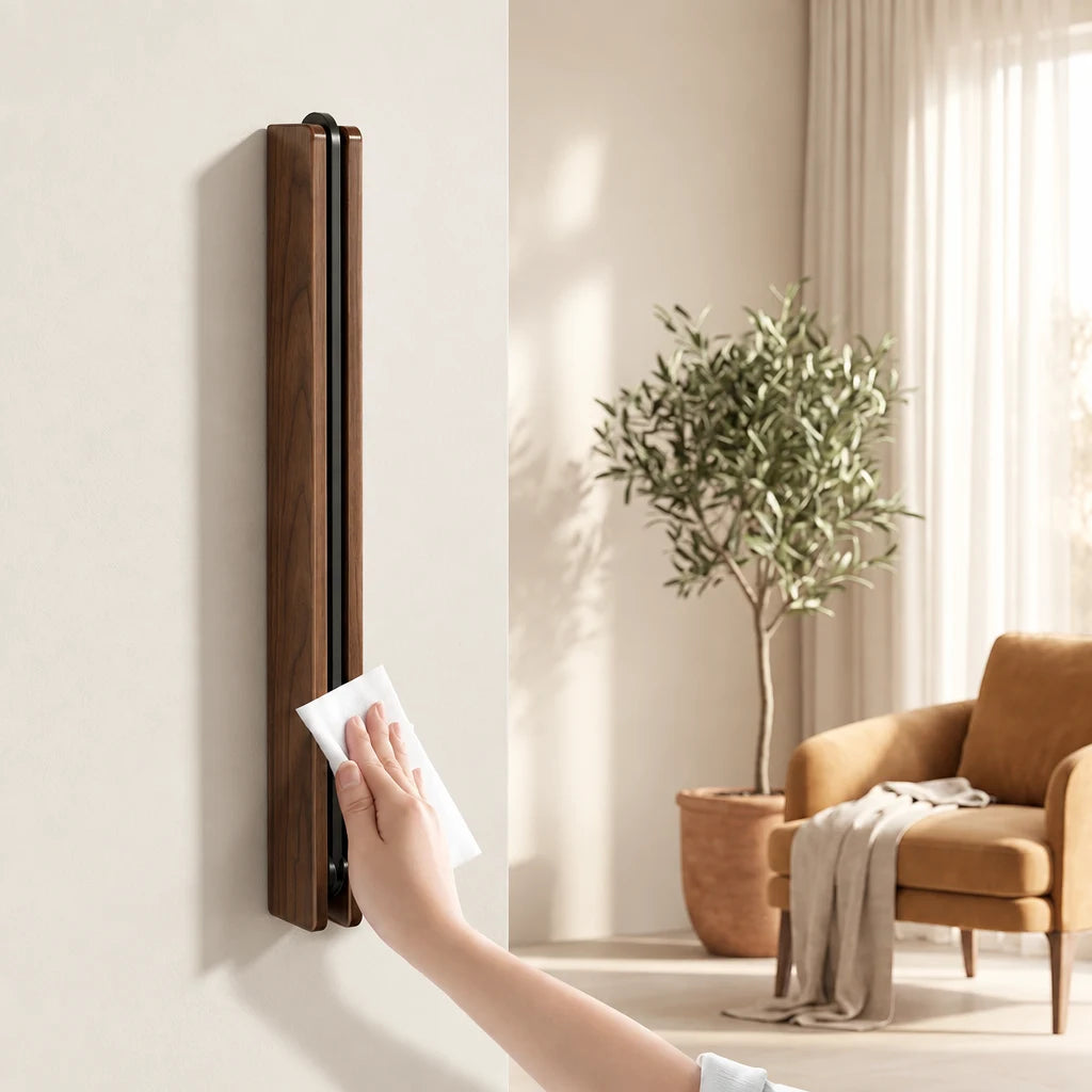 Nettoyage du porte-cintres mural en bois en position repliée