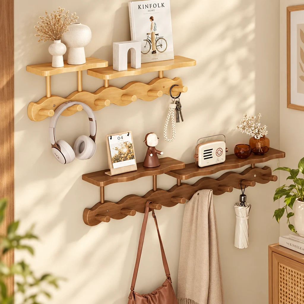 Porte-manteau mural Coreji en bambou — finitions naturelle et foncée