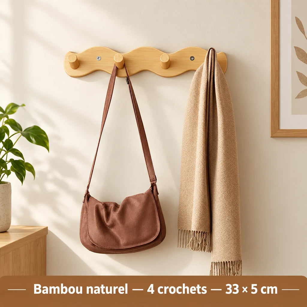 Porte-manteau mural Coreji en bambou naturel — 4 crochets simple
