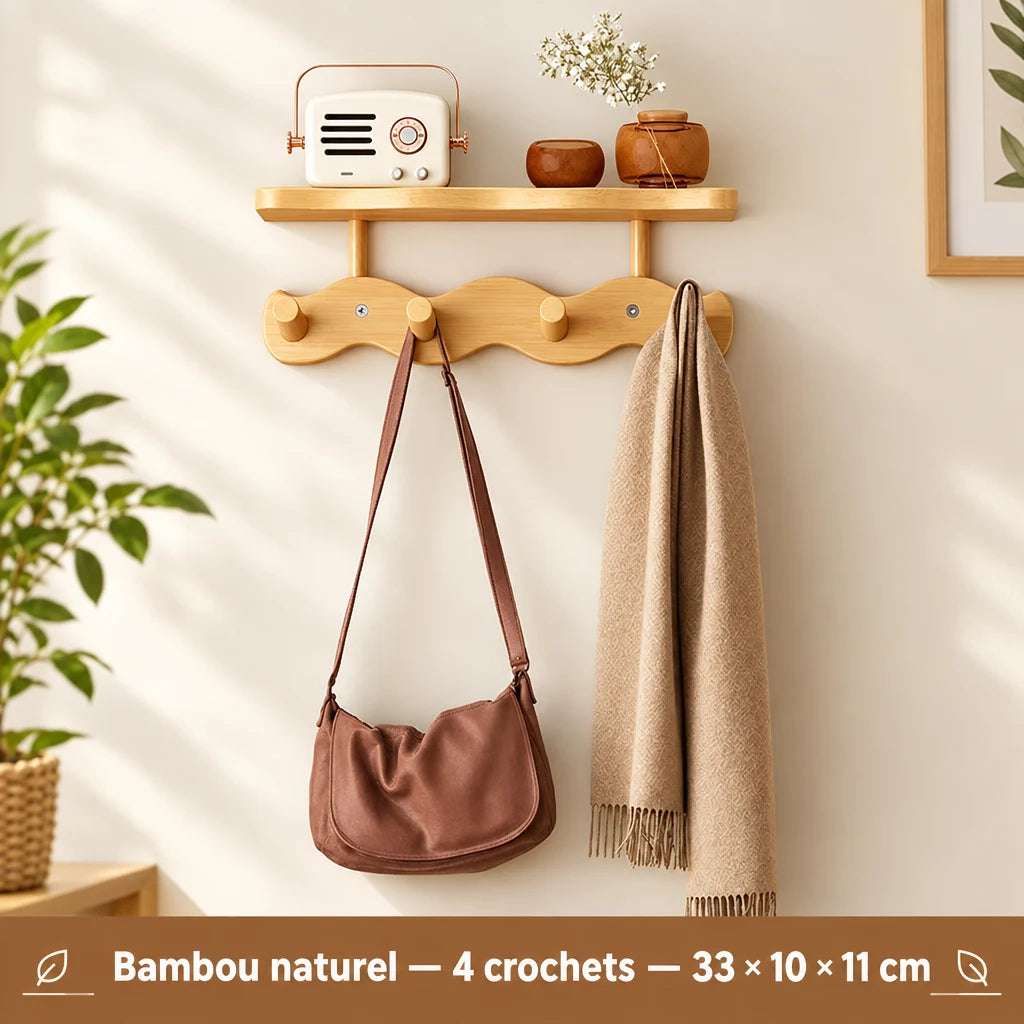 Porte-manteau mural Coreji en bambou naturel — 4 crochets avec tablette