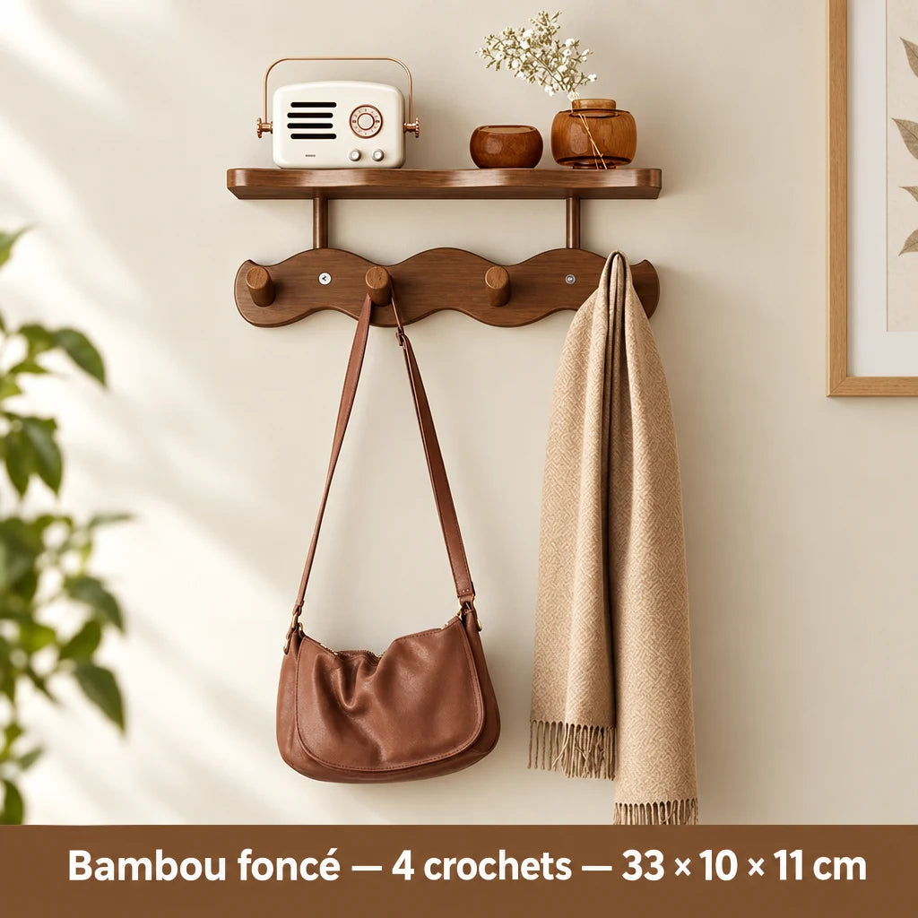 Porte-manteau mural Coreji en bambou foncé — 4 crochets avec tablette