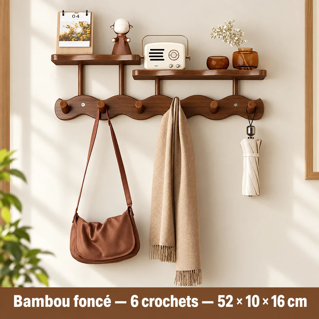 Porte-manteau mural Coreji en bambou foncé — 6 crochets avec tablette